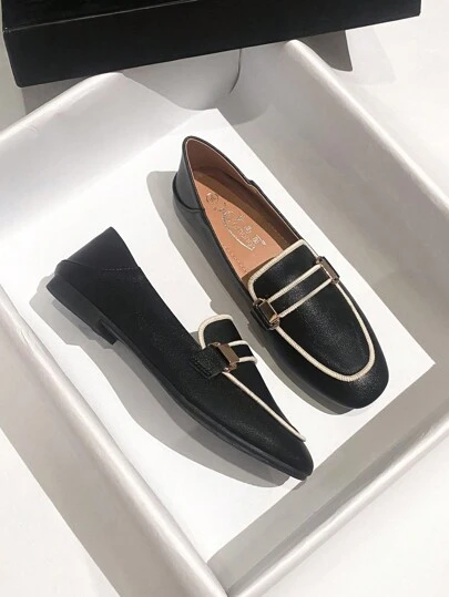 Mengshangli 2025年秋季女士金属装饰撞色滚边平底乐福鞋，优雅户外平底鞋