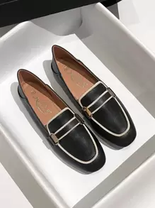 Mengshangli 2025年秋季女士金属装饰撞色滚边平底乐福鞋，优雅户外平底鞋 - 黑色 - 查看 3