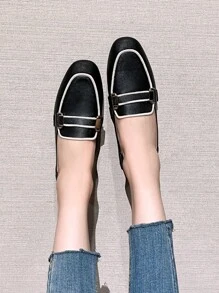 Mengshangli 2025年秋季女士金属装饰撞色滚边平底乐福鞋，优雅户外平底鞋 - 黑色 - 查看 5