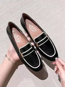 Mengshangli 2025年秋季女士金属装饰撞色滚边平底乐福鞋，优雅户外平底鞋 - 黑色 - 查看 6