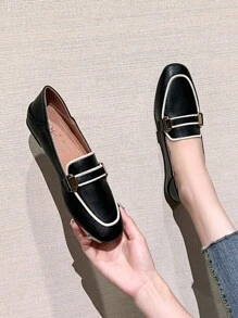 Mengshangli 2025年秋季女士金属装饰撞色滚边平底乐福鞋，优雅户外平底鞋 - 黑色 - 查看 7