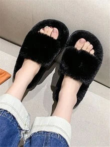 Women's Fashion Platform Slippers, Autumn/Winter New Thick Bottom Fluffy Slippers - Black - View 4