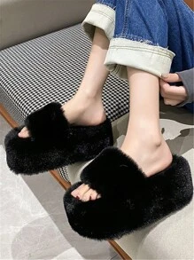 Women's Fashion Platform Slippers, Autumn/Winter New Thick Bottom Fluffy Slippers - Black - View 5