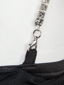 Hauture Rhinestone Trim Mesh Cut Out Crop Top - Black - View 6