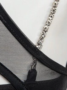 Hauture Rhinestone Trim Mesh Cut Out Crop Top - Black - View 8