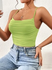 SHEIN Essnce 素色褶邊吊帶上衣 - 青檸色 - 查看 1