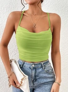 SHEIN Essnce 素色褶邊吊帶上衣 - 青檸色 - 查看 4