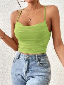 SHEIN Essnce 素色褶邊吊帶上衣 - 青檸色 - 查看 6