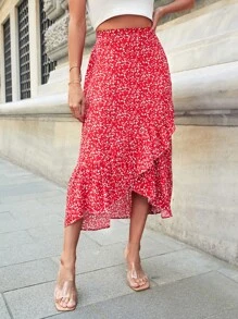 EURMUSE Ditsy Floral Ruffle Hem Skirt - Red - View 1