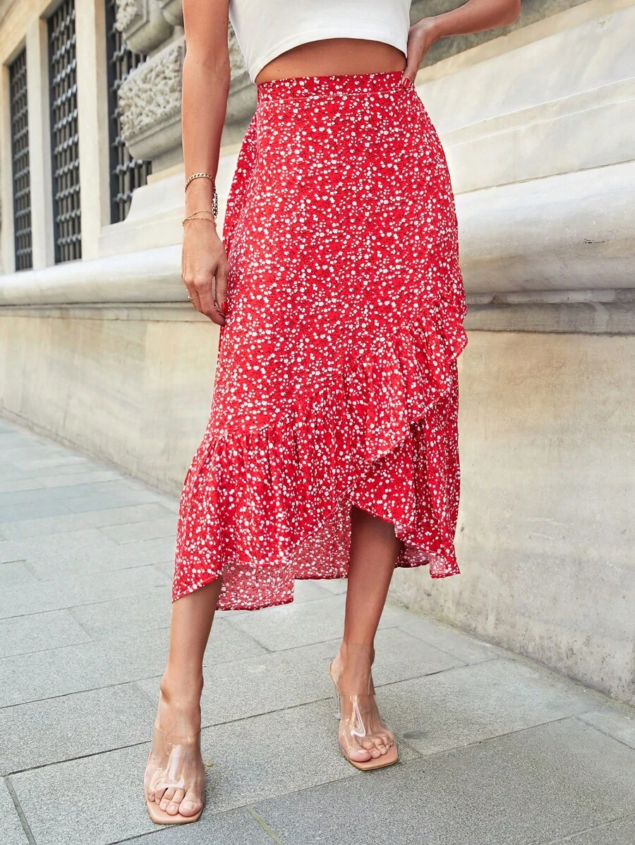 EURMUSE Ditsy Floral Ruffle Hem Skirt - Red - View 1