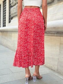 EURMUSE Ditsy Floral Ruffle Hem Skirt - Red - View 2