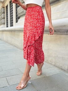 EURMUSE Ditsy Floral Ruffle Hem Skirt - Red - View 3