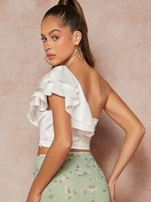 L'Amorae 纯色单肩荷叶边袖短款上衣 - 白色 - 查看 2