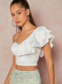 L'Amorae 纯色单肩荷叶边袖短款上衣 - 白色 - 查看 3