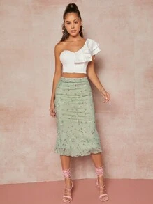 L'Amorae 纯色单肩荷叶边袖短款上衣 - 白色 - 查看 4