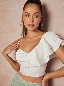 L'Amorae 纯色单肩荷叶边袖短款上衣 - 白色 - 查看 6