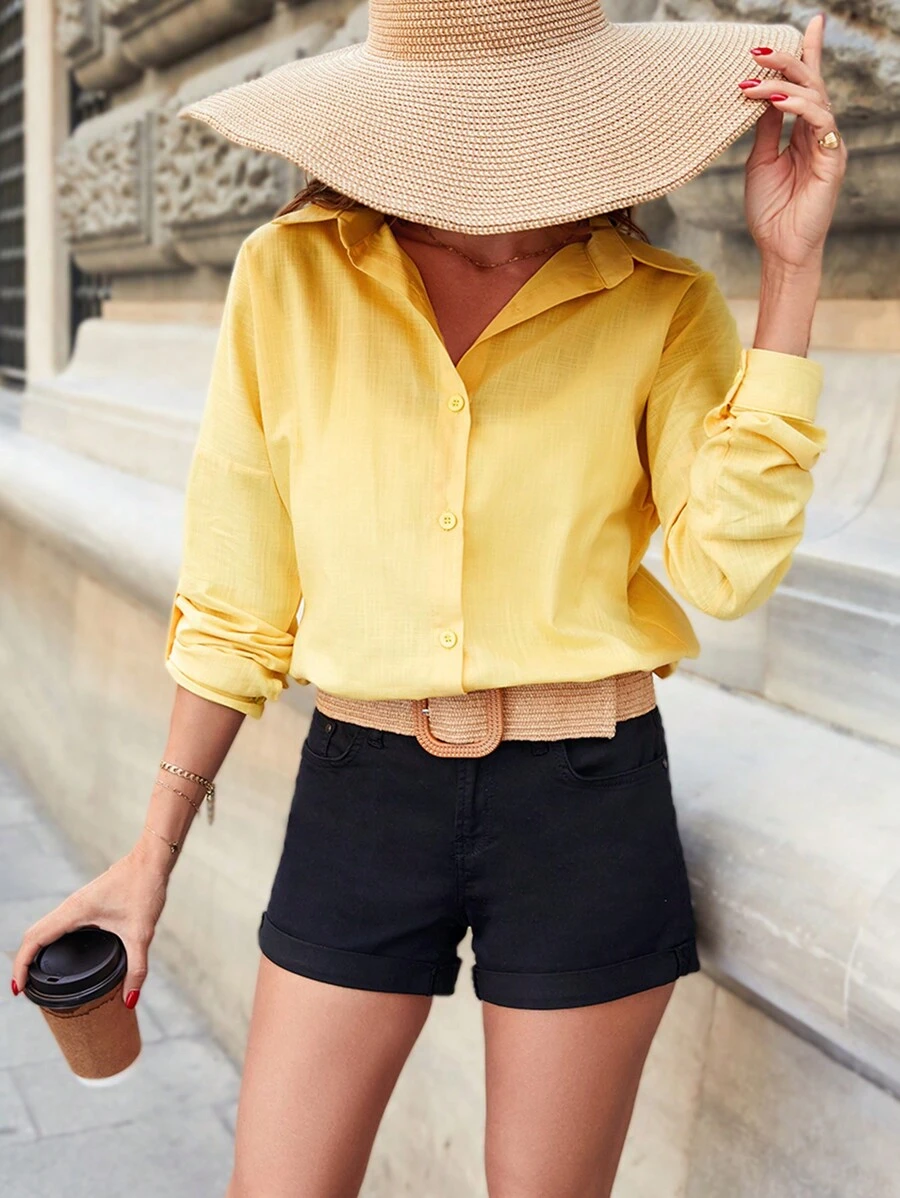 Cottnline Solid Button Front Roll Up Sleeve Shirt - Yellow - View 1