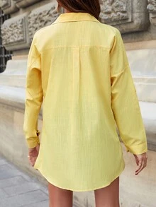 Cottnline Solid Button Front Roll Up Sleeve Shirt - Yellow - View 2