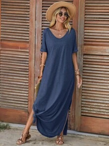 SHEIN LUNE 素色下擺開叉T恤連衣裙 - 藏蓝色 - 查看 1