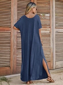 SHEIN LUNE 素色下擺開叉T恤連衣裙 - 藏蓝色 - 查看 2
