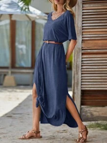 SHEIN LUNE 素色下擺開叉T恤連衣裙 - 藏蓝色 - 查看 6