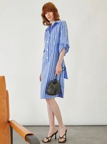 BizChic 條紋印花腰帶襯衫洋裝工作服 - 藍色 - 查看 3