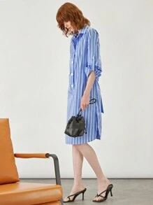 BizChic 條紋印花腰帶襯衫洋裝工作服 - 藍色 - 查看 4