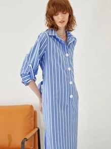 BizChic 條紋印花腰帶襯衫洋裝工作服 - 藍色 - 查看 7