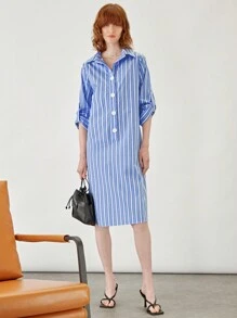 BizChic 條紋印花腰帶襯衫洋裝工作服 - 藍色 - 查看 8