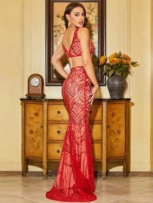 Missord Cắt bỏ eo Nàng tiên cá Hem Kim sa Ăn mặc trang trọng - Đỏ - Xem 2