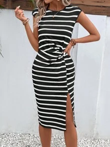 SHEIN LUNE Striped Twist Front Split Thigh Dress - Black and White - View 1