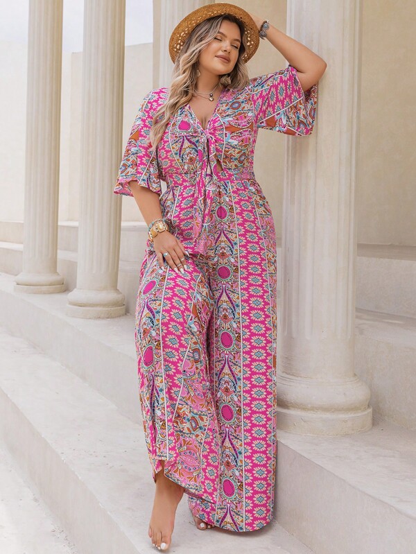Plus Size Women's Bohemian Style Red Ditsy Floral Wide Leg Jumpsuit, Beach Outfit, Essential For Summer Vacation, Music Festival