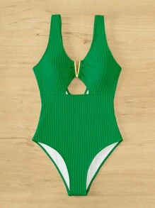 夏季纯色前开襟连体泳衣