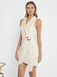 BizChic Cổ bẻ Váy Wrap Hem Trang phục làm việc - Màu be - Xem 5