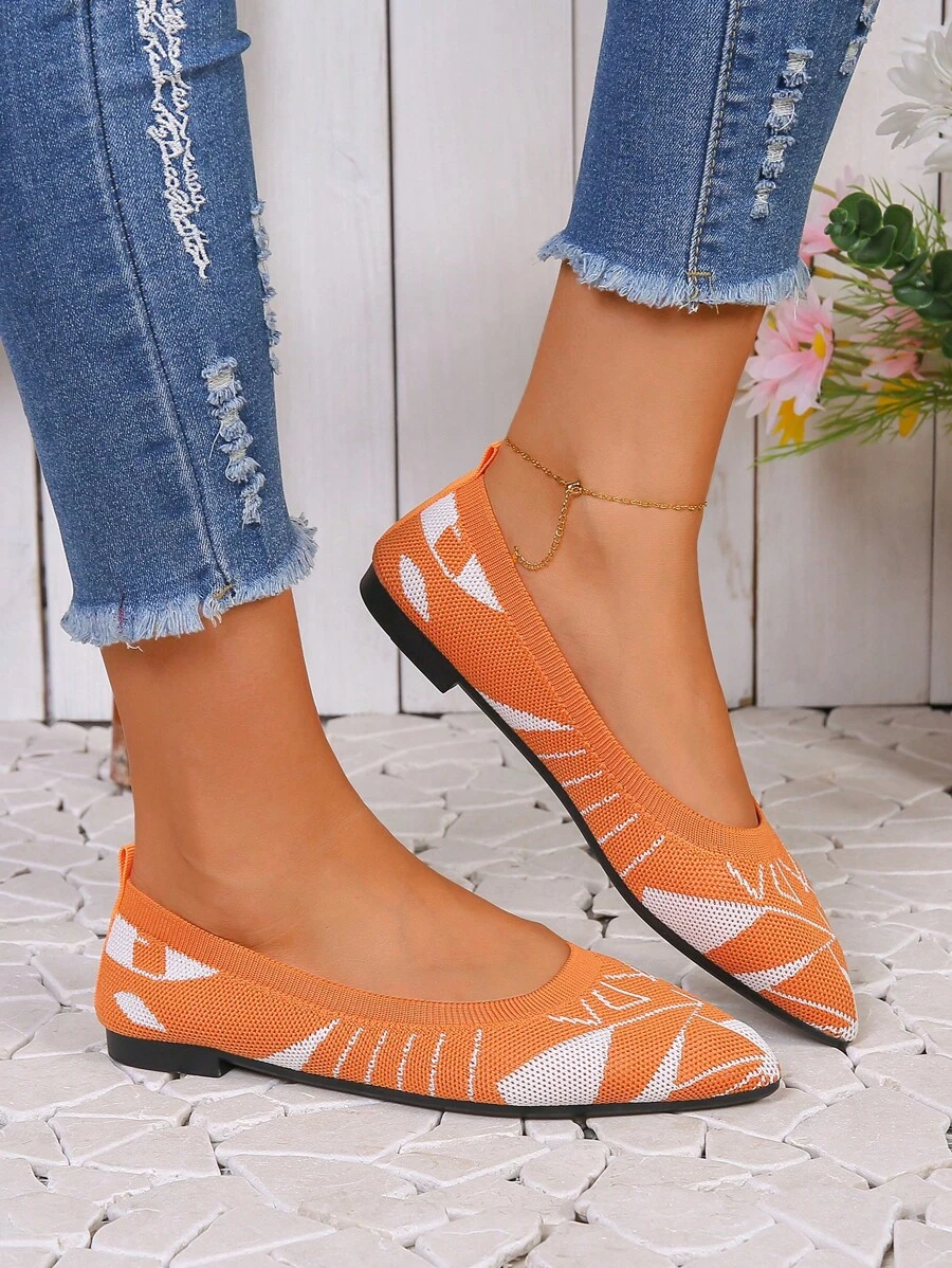 Women Two Tone Point Toe Ballet Flats, Funky Outdoor Fabric Flat Shoes - Orange - View 1