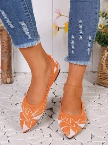 Women Two Tone Point Toe Ballet Flats, Funky Outdoor Fabric Flat Shoes - Orange - View 3