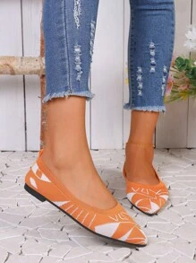 Women Two Tone Point Toe Ballet Flats, Funky Outdoor Fabric Flat Shoes - Orange - View 6