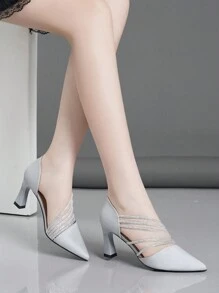 秋冬女士水钻系带镂空舒适百搭高跟鞋，优雅派对风 - 淺灰色 - 查看 1