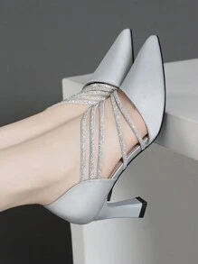秋冬女士水钻系带镂空舒适百搭高跟鞋，优雅派对风 - 淺灰色 - 查看 2