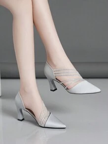 秋冬女士水钻系带镂空舒适百搭高跟鞋，优雅派对风 - 淺灰色 - 查看 4