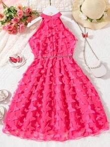 SHEIN Girls Butterfly Appliques Belted Halter Dress - Hot Pink - View 2