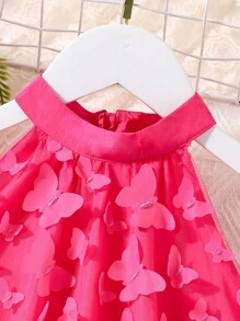 SHEIN Girls Butterfly Appliques Belted Halter Dress - Hot Pink - View 3