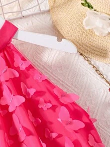 SHEIN Girls Butterfly Appliques Belted Halter Dress - Hot Pink - View 5