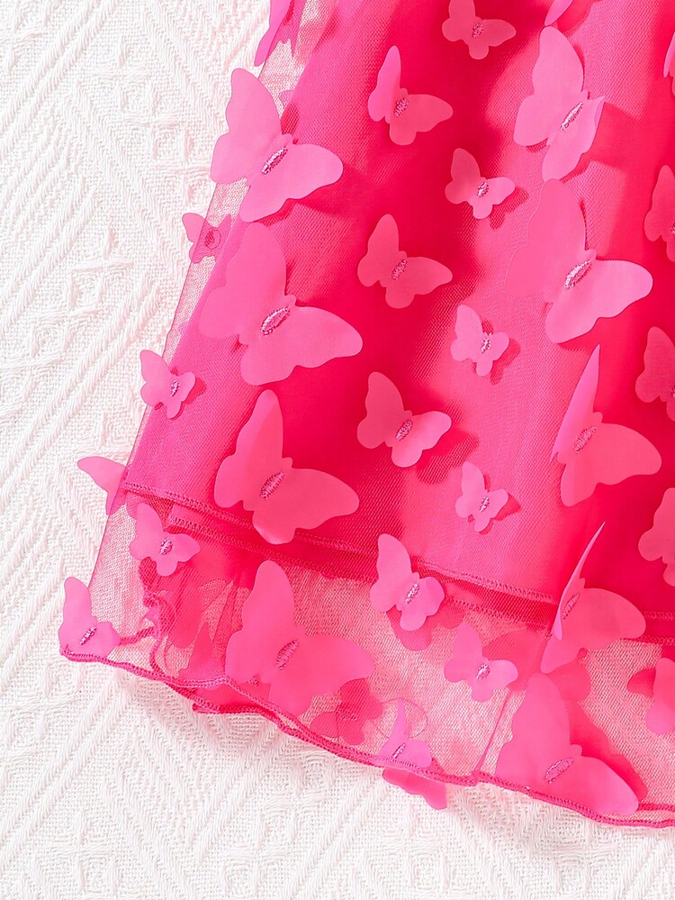 SHEIN Girls Butterfly Appliques Belted Halter Dress - Hot Pink - View 6