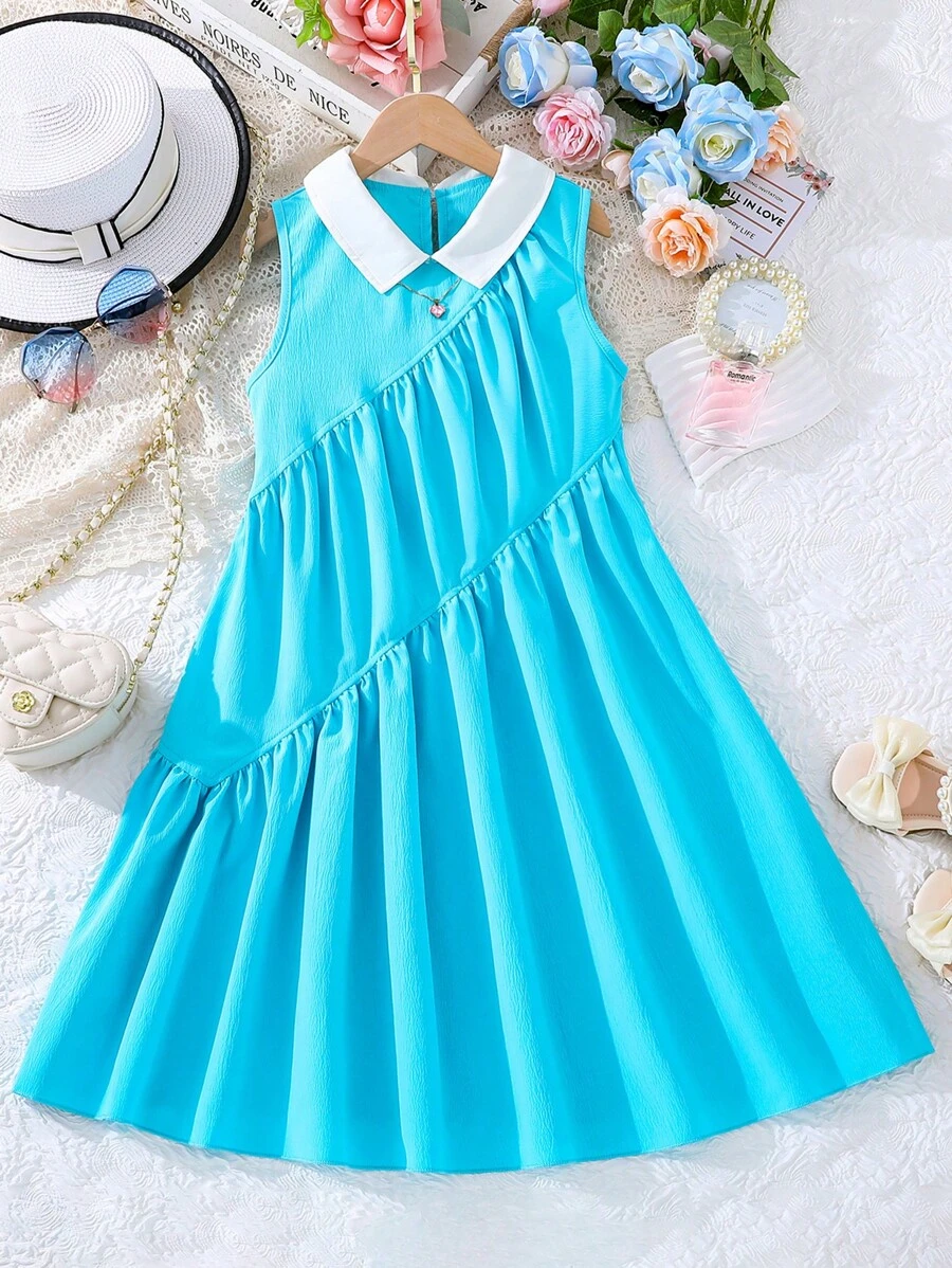 Girls Contrast Collar Ruffle Hem Dress - Blue - View 1