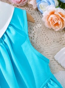 Girls Contrast Collar Ruffle Hem Dress - Blue - View 3