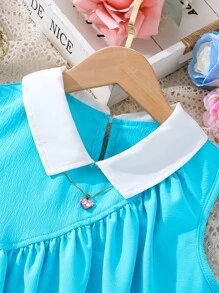 Girls Contrast Collar Ruffle Hem Dress - Blue - View 5