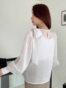 DAZY Chất rắn Knot Shoulder Shirred Cuff Áo sơ mi - trắng - Xem 2