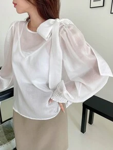 DAZY Chất rắn Knot Shoulder Shirred Cuff Áo sơ mi - trắng - Xem 7