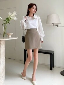 DAZY Chất rắn Knot Shoulder Shirred Cuff Áo sơ mi - trắng - Xem 6